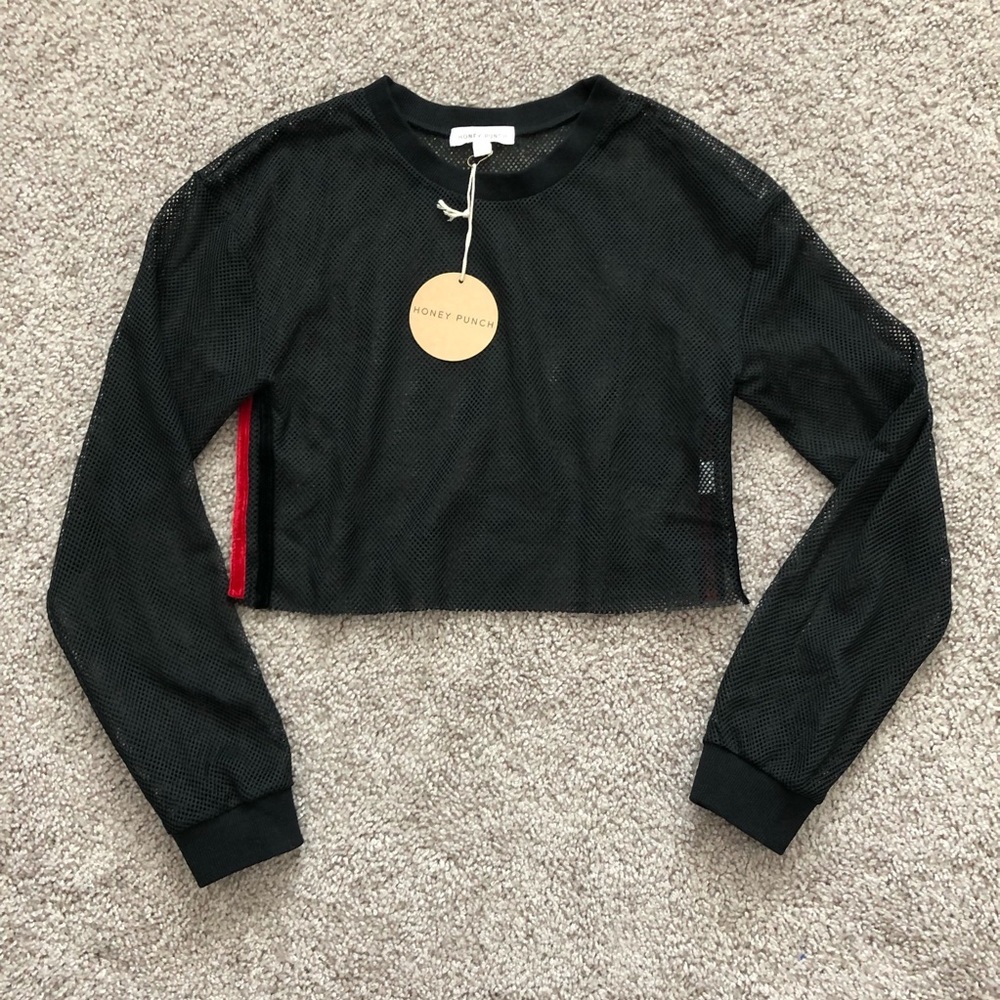 Honey Punch Black Mesh Cropped Long Sleeve Top Womens S